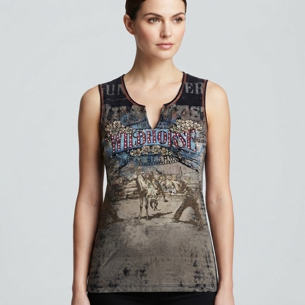 Y2K Western Skinny Minnie Wildhorse Tank Top Rhinestone Gunfighters Cowgirl L
